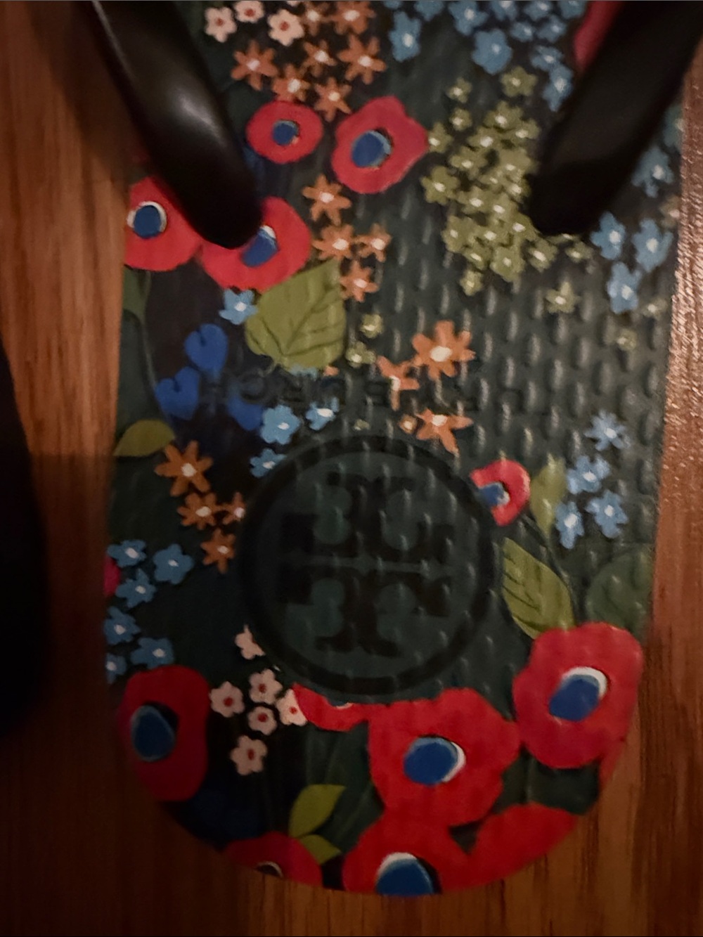 Tory Burch Green Floral Logo Flip Flops with Red Accents - Picture 5 of 5